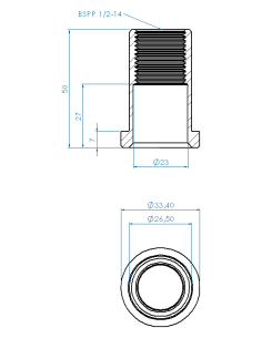 Threaded insert TIRC Ø33.40x7, 26.50x43, BSPP 1/2-14, 23, AISI 304 2