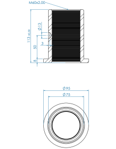 Threaded insert TIR Ø95x8, 75x105, M60x2.00, AISI 304, Ø13 pinol hole, Husk fedt på gevind 2