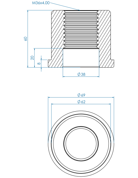 Threaded insert TIRC Ø69x8, 62x52, M36, 40, AISI 304