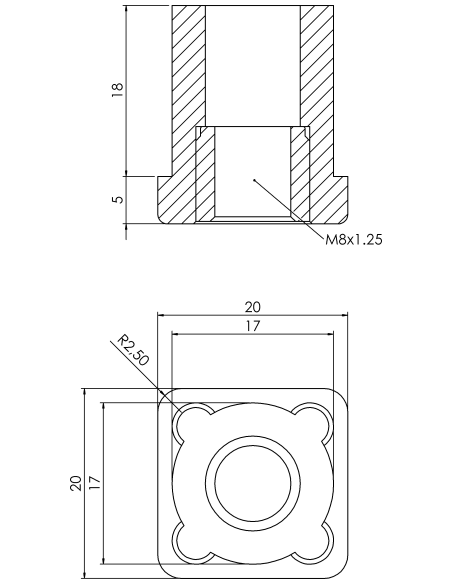 Threaded bushing PTIQ, 20x20x1.5, M8