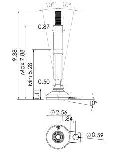 Machine foot XH-FIX66-UNC 5/8 x 8,30/4,50-UNC 5/8 x 3,10, AISI 304, Black NBR, 1 fixation 2