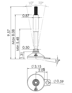 Machine foot XH-FIX81-UNC 5/8 x 8,30/4,50-UNC 5/8 x 3,10, AISI 304, Black NBR, 1 fixation 2