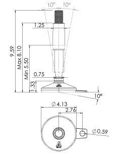 Machine foot XH-FIX106-UNC 1 x 8,30/4,50-UNC 1 x 3,10, AISI 304, Black NBR, 1 fixation 2