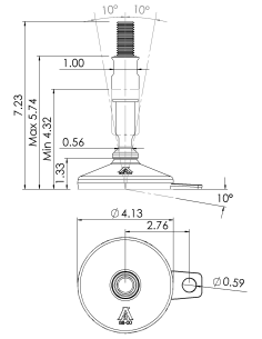 Machine foot XH-FIX106-UNC 3/4 x 5,90/3,30-UNC 3/4 x 2, AISI 304, Black NBR, 1 fixation 2