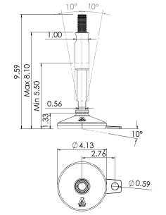 Machine foot XH-FIX106-UNC 3/4 x 8,30/4,50-UNC 3/4 x 3,10, AISI 304, Black NBR, 1 fixation 2