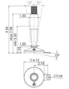Machine foot XH-FIX106-UNC 1 1/4 x 8,30/4,60-UNC 1 1/4 x 3,10, AISI 304, Black NBR, 1 fixation 2