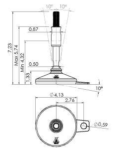 Machine foot XH-FIX106-UNC 5/8 x 5,90/3,30-UNC 5/8 x 2, AISI 304, Black NBR, 1 fixation 2