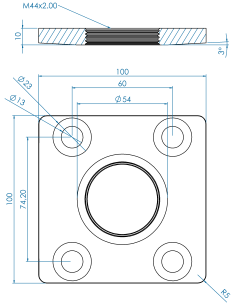 Mountingflange MFQX Ø100x100x10, 4xØ13-74.20, 60, M44x2.00, AISI 304 2