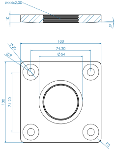 Mountingflange MFQX Ø100x100x10, 4xØ9-74.20, 74.20, M44x2.00, AISI 304 2