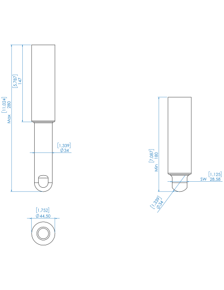 Weld mount BTX OD 1,75"x280/180, AISI 304