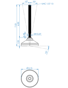 Machine foot HX80-UNC 1/2 x 6, AISI 304, Black NBR 2