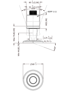 Support bolt KTSBX90-BSPP 1-11 x74.80 / 44.80, AISI 304, Solid 2