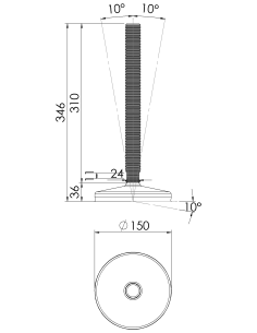 Machine foot HXT150-M30 x 310, AISI 304, Black NBR 2