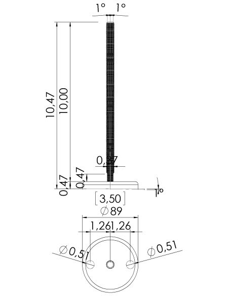 Machine foot J90-UNC 1/2 x 10, AISI 304, 2 fixations