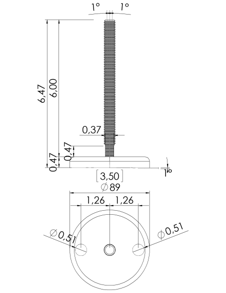 Machine foot J90-UNC 1/2 x 6, AISI 304, 2 fixations