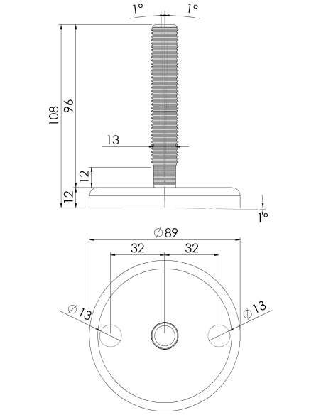 Machine foot J90-M16 x 100, AISI 304, 2 fixations