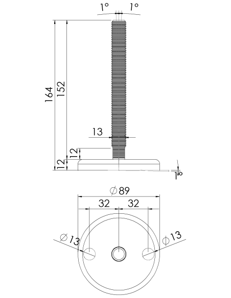 Machine foot J90-M16 x 150, AISI 304, 2 fixations