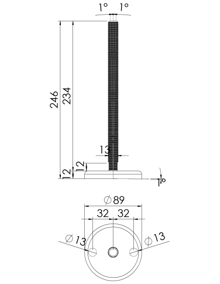 Machine foot J90-M16 x 230, AISI 304, 2 fixations