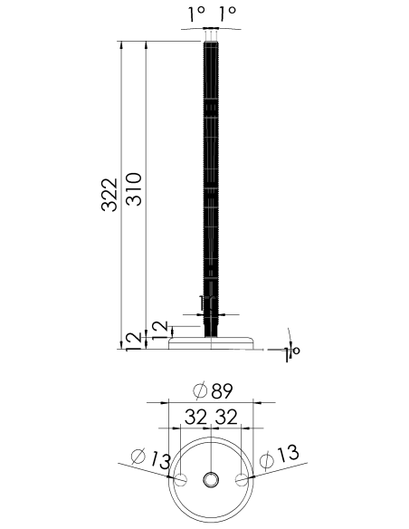 Machine foot J90-M16 x 310, AISI 304, 2 fixations