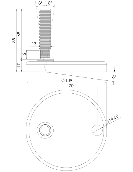 Machine foot KCF110-M16 x 70, AISI 304, 1 fixation