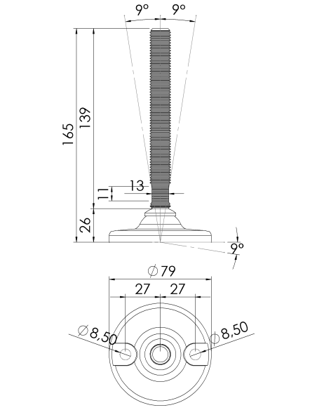 Machine foot HJ80-M16 x 150, AISI 304, 2 fixations
