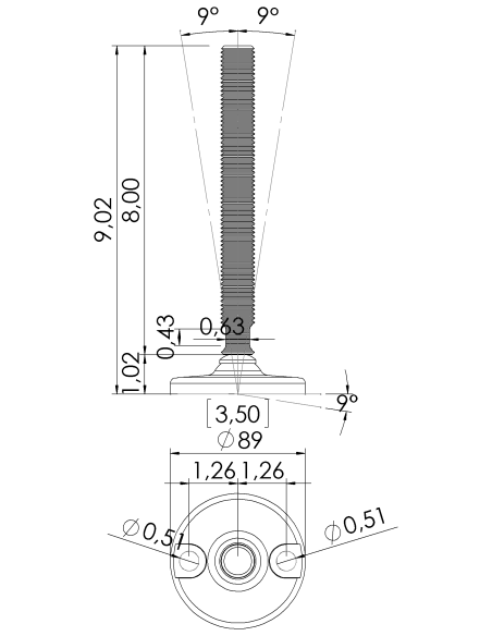 Machine foot HJ90-UNC 7/8 x 8, AISI 304, 2 fixations