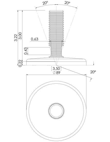 Machine foot KT90-UNC 7/8 x 3, AISI 304