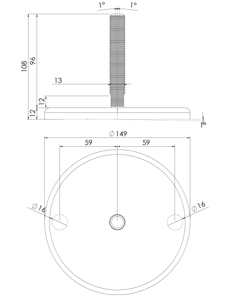 Machine foot J150-M16 x 100, AISI 304, 2 fixations