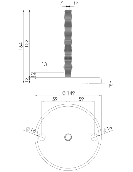 Machine foot J150-M16 x 150, AISI 304, 2 fixations