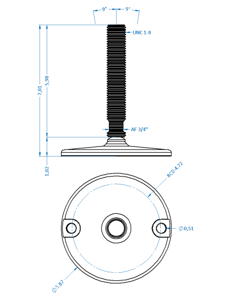 Machine foot HXJ150-UNC 1 x 6, AISI 304, Solid, 2 fixations