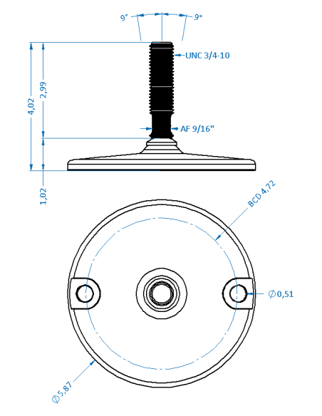 Machine foot HXJ150-UNC 3/4 x 3, AISI 304, Solid, 2 fixations
