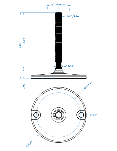 Machine foot HXJ150-UNC 3/4 x 6, AISI 304, Solid, 2 fixations