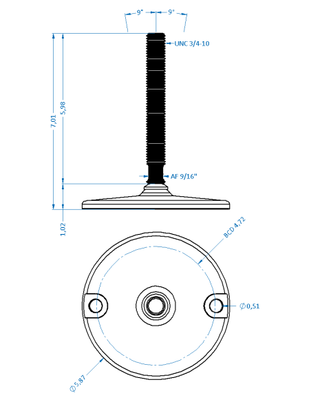 Machine foot HXJ150-UNC 3/4 x 6, AISI 304, Solid, 2 fixations
