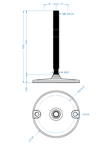 Machine foot HXJ150-UNC 3/4 x 8, AISI 304, Solid, 2 fixations