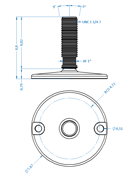 Machine foot HXJ150-UNC 1 1/4 x 4, AISI 304, Solid, 2 fixations