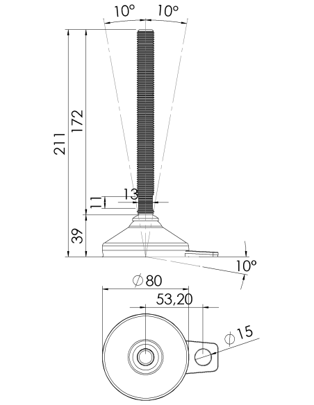 Machine foot HX-FIX81-M16 x 180, AISI 304, Black NBR, 1 fixation