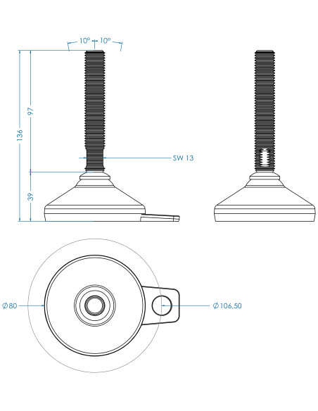 Machine foot HX-FIX81-M16 x 100, AISI 304, Blue NBR, 1 fixation