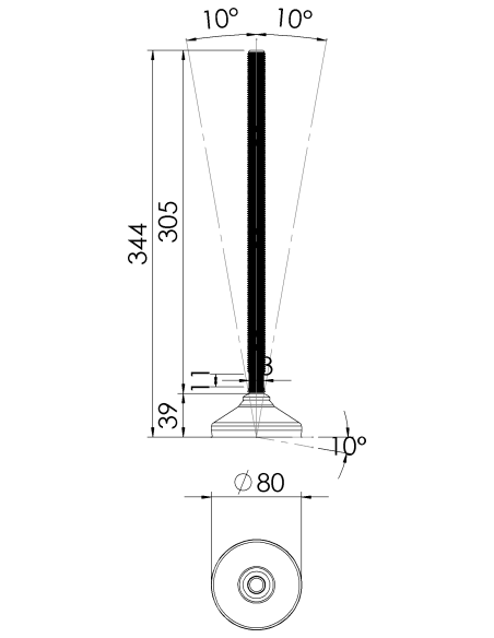 Machine foot HX80-M16 x 310, AISI 304, Black NBR