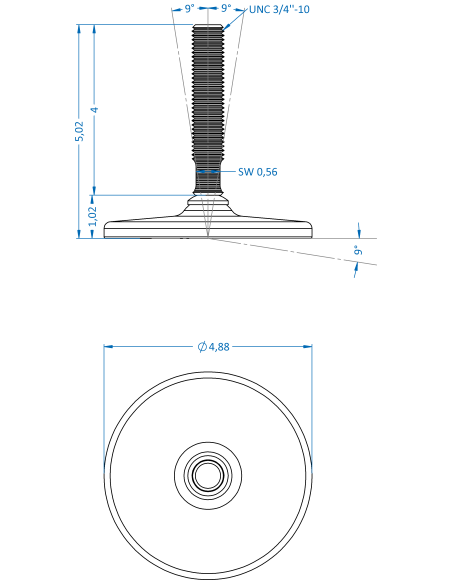 Machine foot HXG125-UNC 3/4 x 4, AISI 304