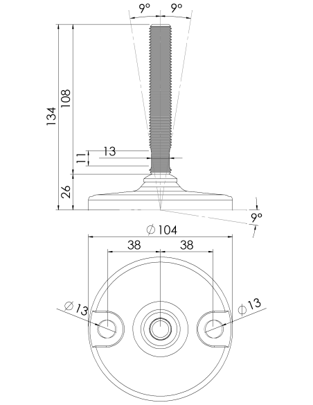 Machine foot HXJ105-M16 x 100, AISI 304, 2 fixations