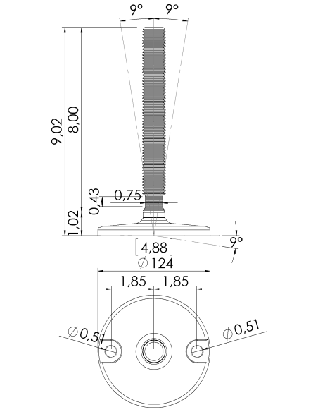 Machine foot HXJ125-UNC 1 x 8, AISI 304, 2 fixations