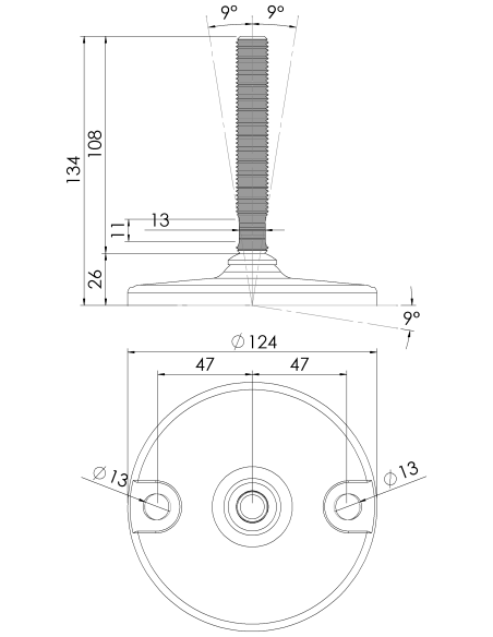 Machine foot HXJ125-M16 x 100, AISI 304, 2 fixations