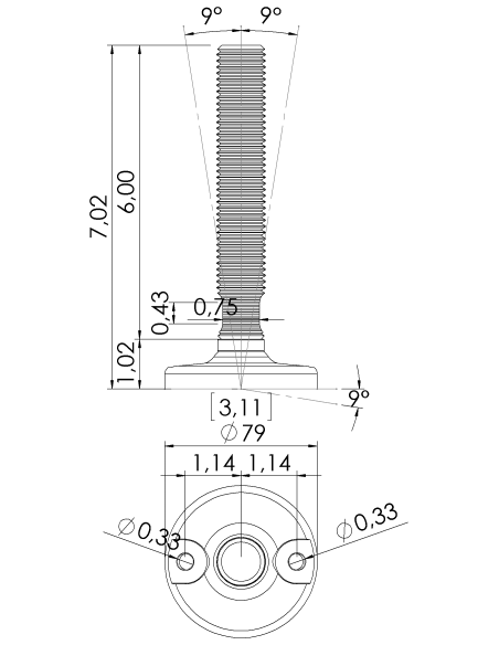 Machine foot HXJ80-UNC 1 x 6, AISI 304, 2 fixations