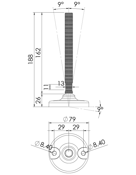 Machine foot HXJ80-M16 x 150, AISI 304, 2 fixations