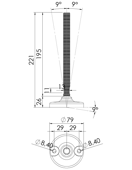 Machine foot HXJ80-M16 x 180, AISI 304, 2 fixations