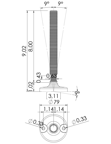 Machine foot HXJ80-UNC 7/8 x 8, AISI 304, 2 fixations