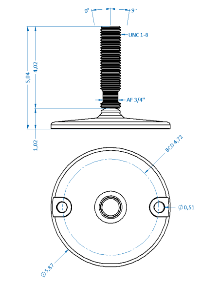 Machine foot HXJ150-UNC 1 x 4, AISI 304, Solid, 2 fixations