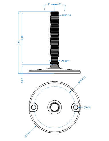 Machine foot HXJ150-UNC 1 x 6, AISI 304, Solid, 2 fixations