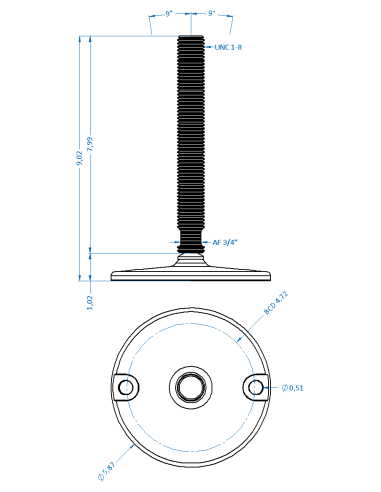 Machine foot HXJ150-UNC 1 x 8, AISI 304, Solid, 2 fixations