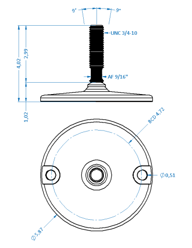 Machine foot HXJ150-UNC 3/4 x 3, AISI 304, Solid, 2 fixations